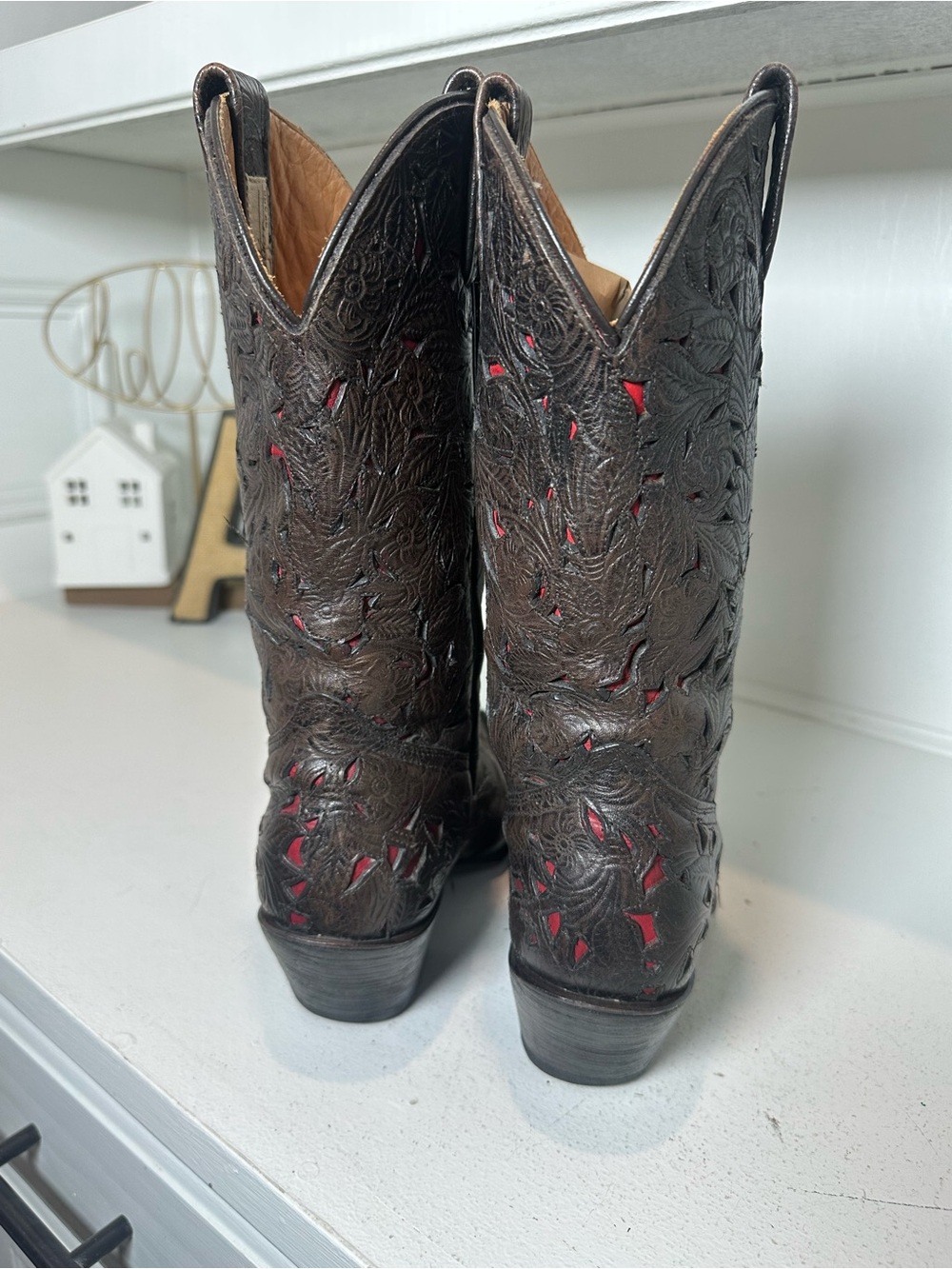 Stetson Cowboy Boots Womens 6.5 Brown Leather Red Underlay Handmade Mexico - Picture 6 of 9